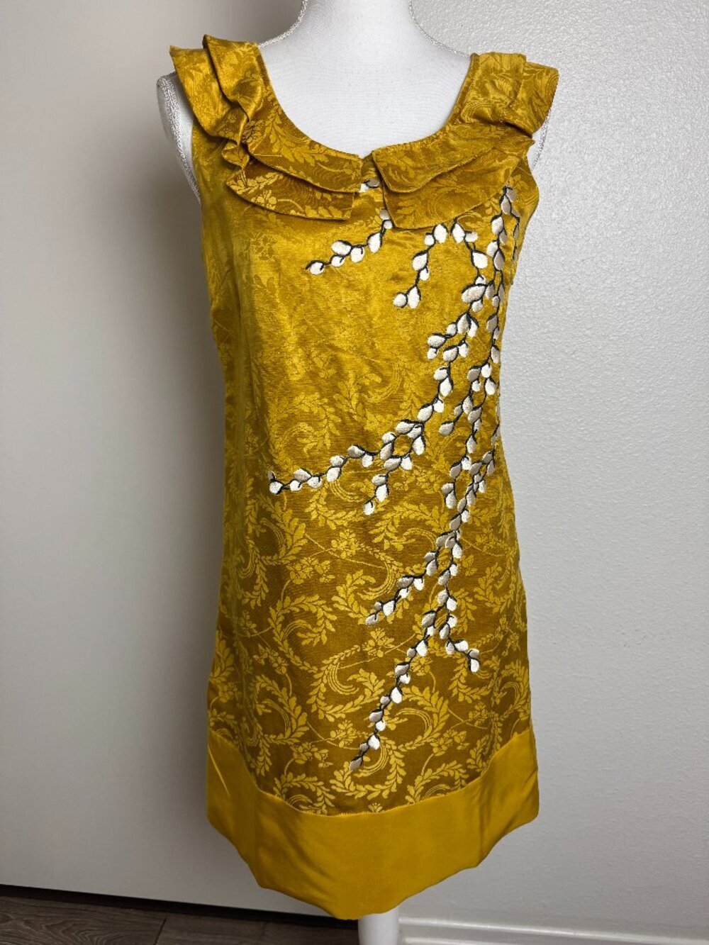 Anthropologie Floreat Yellow Jacquard Linen & Silk Sakura Sheath Dress Sz 2